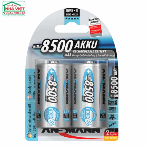 Vỉ 2 pin sạc ANSMANN cỡ đại 8500mAh maxE NiMH D HR20 5035362