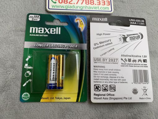 Vỉ 2 pin đũa kiềm AAA Maxell alkaline LR03 GD 2B 1.5V chính hãng